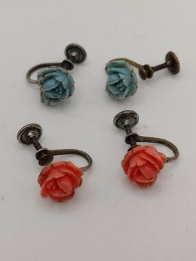 Vintage 1940s Celluloid Rose Screw Back Earrings, 2 Pairs